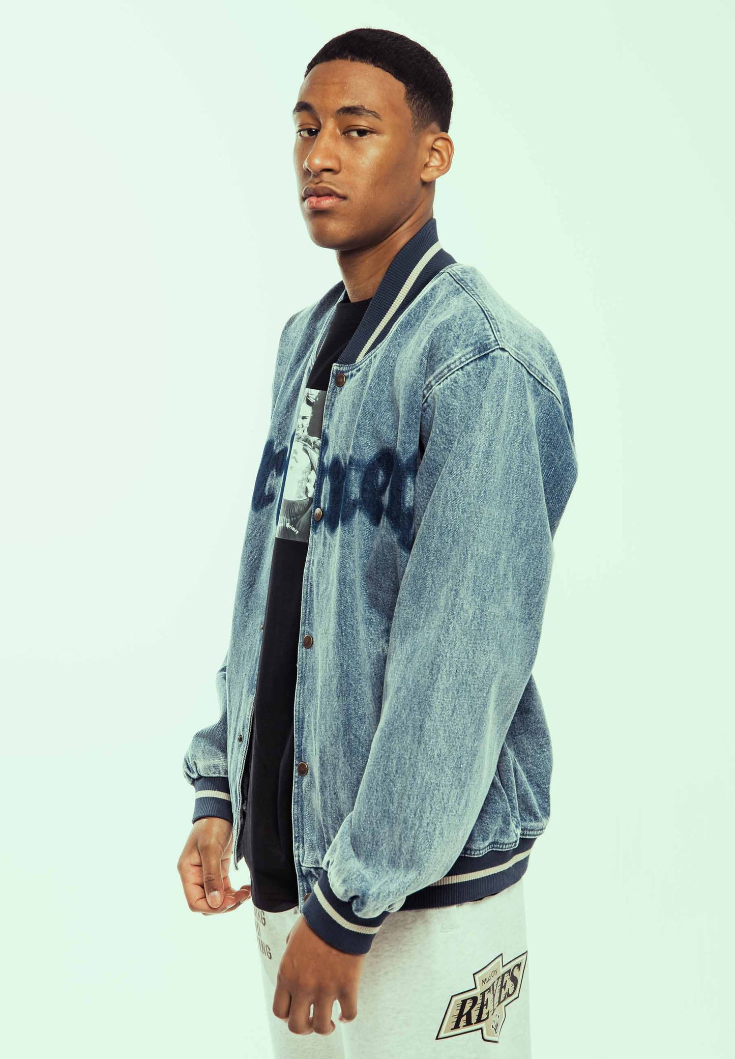 CAUSING PANIC DENIM BASEBALL JACKET BLUE
