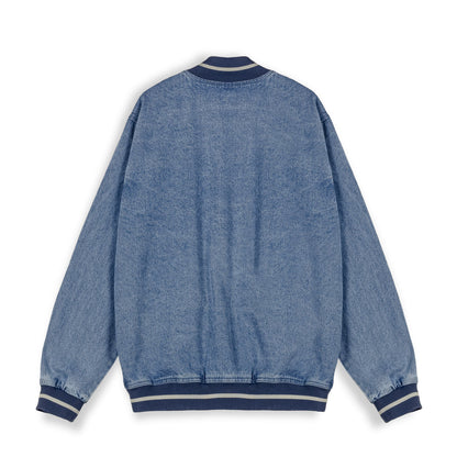 CAUSING PANIC DENIM BASEBALL JACKET BLUE