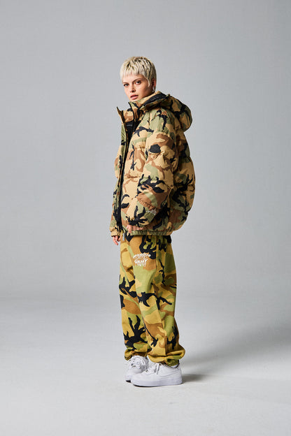 FOLLOW THE DOLLAR CAMO HOOD PUFFER JACKET BROWN CAMO