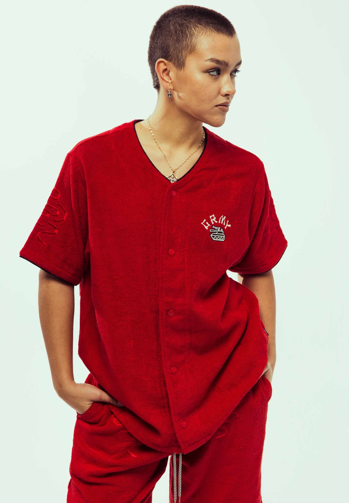 LUCKY DRAGON TERRY TOWELLING BASEBALL JERSEY RED