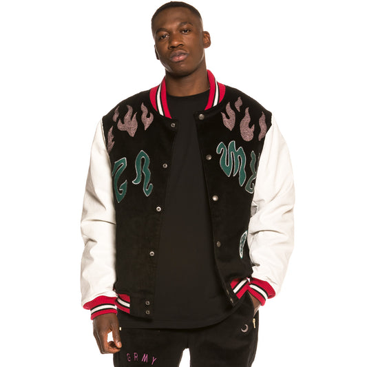 GRIMEY YOGA FIRE CORDUROY BASEBALL JACKET BLK