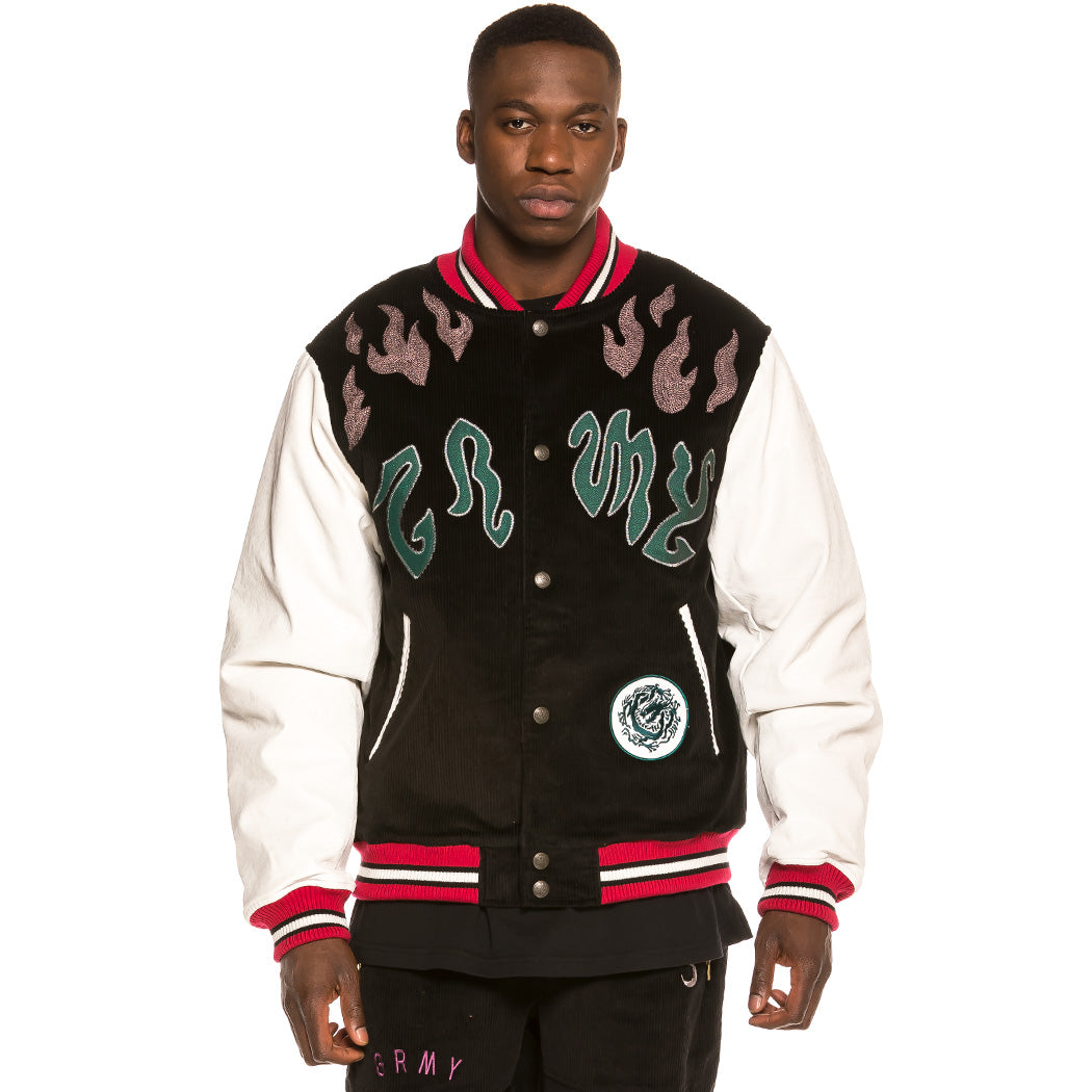 GRIMEY YOGA FIRE CORDUROY BASEBALL JACKET BLK