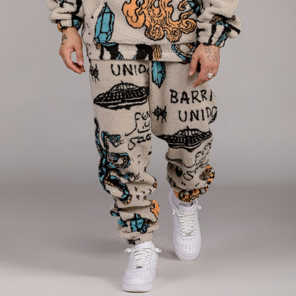 GRIMEY LOST BOYS ALL OVER JACQUARD SHERPA PANTS CREAM