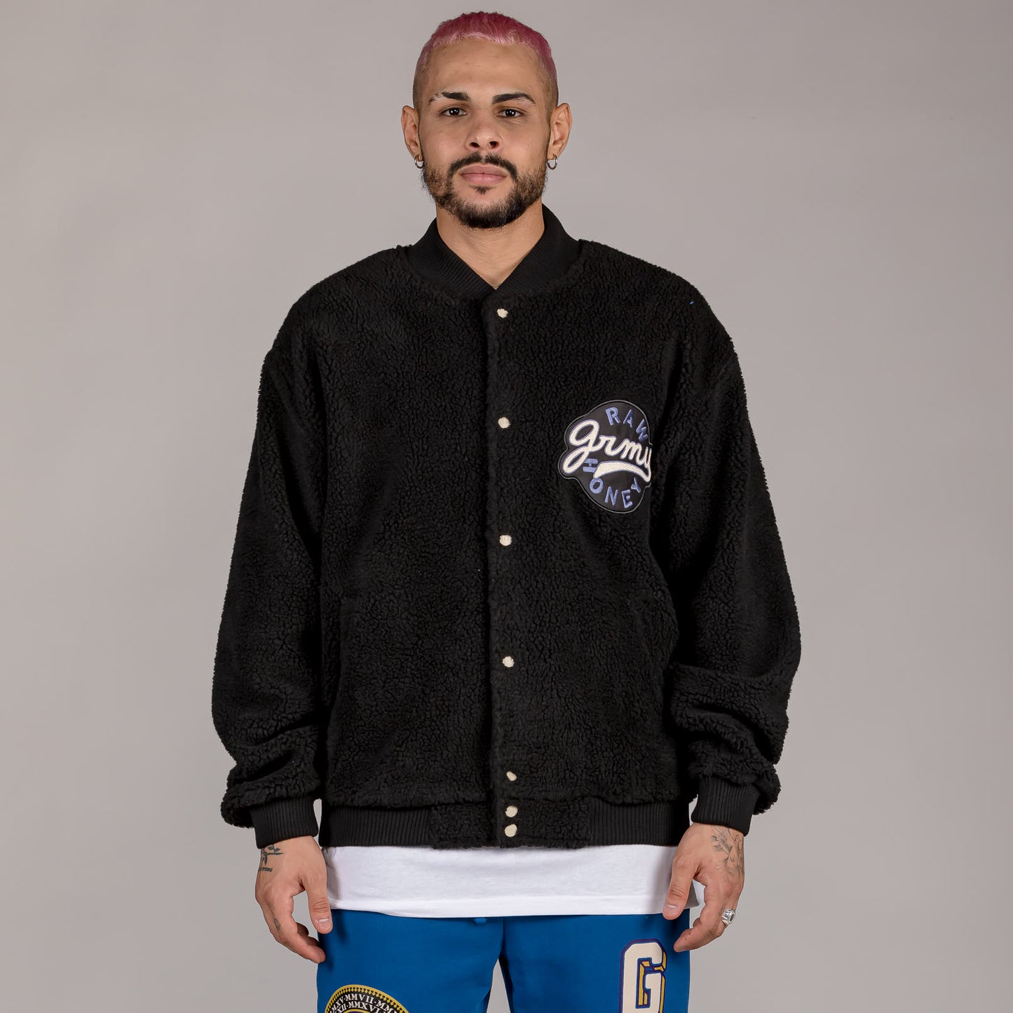 GRIMEY HIVE SHERPA BUTTON SWEATSHIRT BLACK