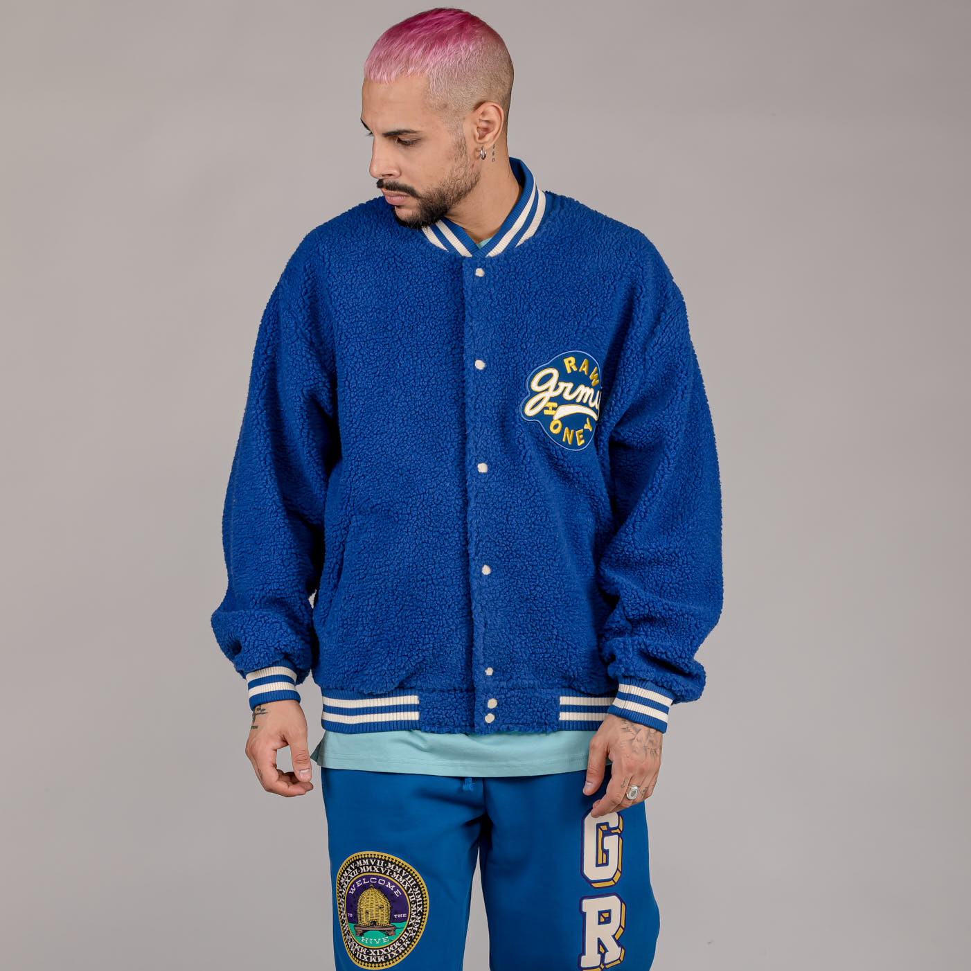 GRIMEY HIVE SHERPA BUTTON SWEATSHIRT BLUE